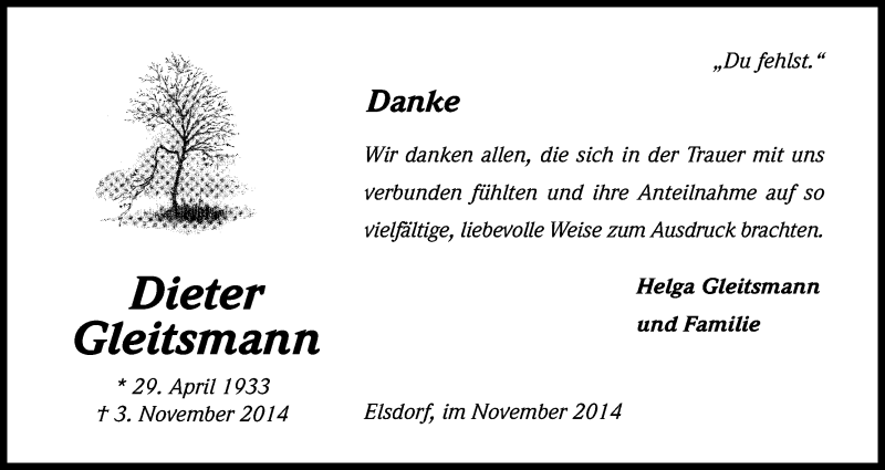  Traueranzeige für Dieter Gleitsmann vom 22.11.2014 aus Kölner Stadt-Anzeiger / Kölnische Rundschau / Express