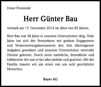 Anzeige von Günter Bau von Kölner Stadt-Anzeiger / Kölnische Rundschau / Express