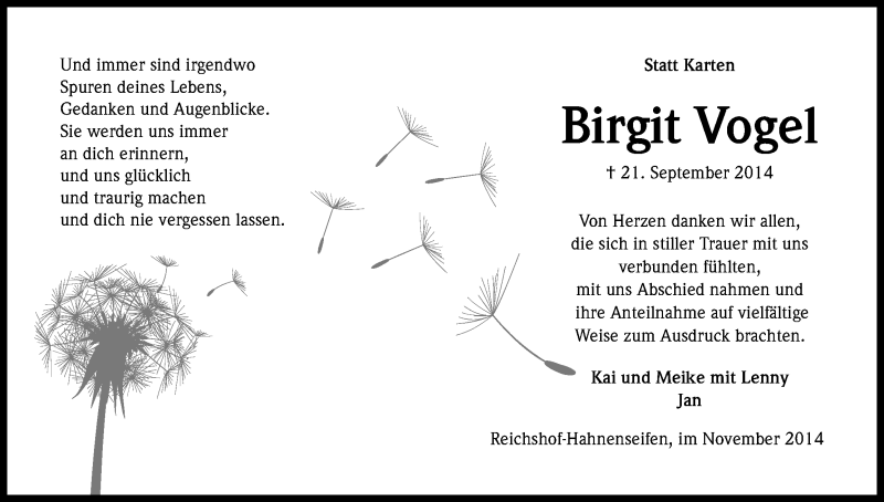  Traueranzeige für Birgit Vogel vom 22.11.2014 aus Kölner Stadt-Anzeiger / Kölnische Rundschau / Express