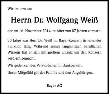 Anzeige von Wolfgang Weiß von Kölner Stadt-Anzeiger / Kölnische Rundschau / Express