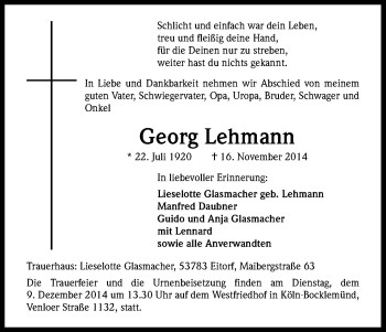Anzeige von Georg Lehmann von Kölner Stadt-Anzeiger / Kölnische Rundschau / Express