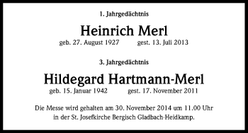 Anzeige von Heinrich und Hildegard Merl von Kölner Stadt-Anzeiger / Kölnische Rundschau / Express