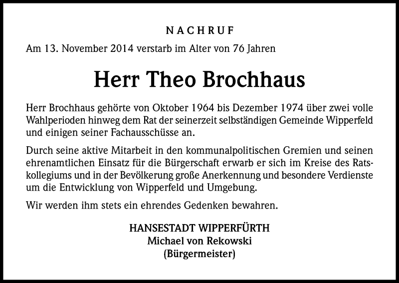  Traueranzeige für Theo Brochhaus vom 22.11.2014 aus Kölner Stadt-Anzeiger / Kölnische Rundschau / Express