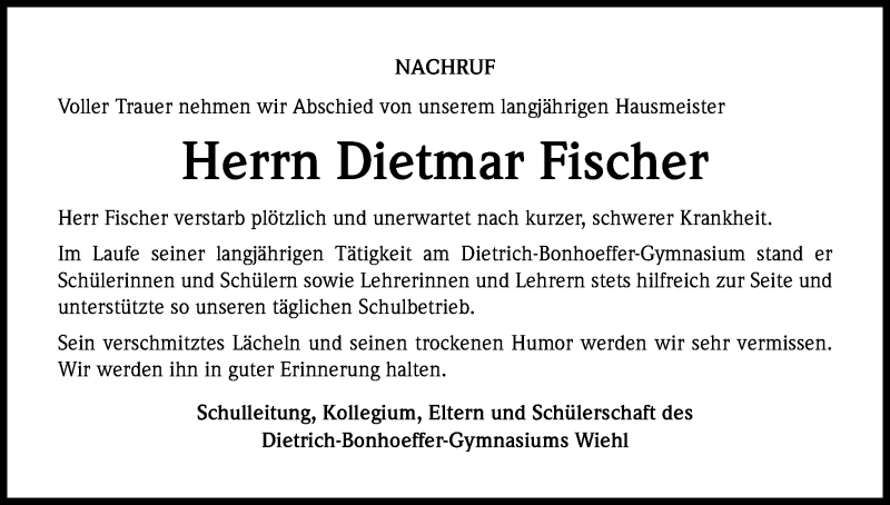  Traueranzeige für Dietmar Fischer vom 22.11.2014 aus Kölner Stadt-Anzeiger / Kölnische Rundschau / Express