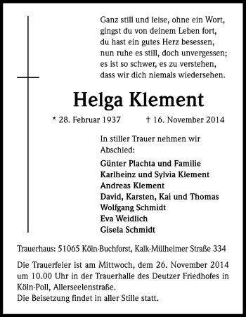 Anzeige von Helga Klement von Kölner Stadt-Anzeiger / Kölnische Rundschau / Express