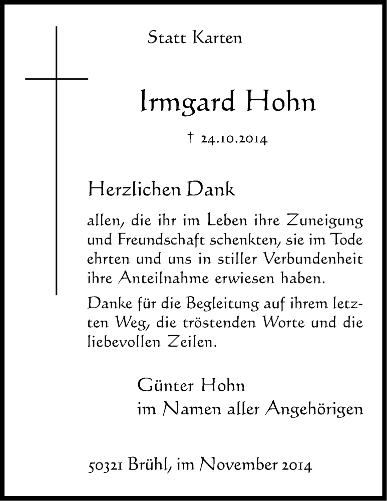  Traueranzeige für Irmgard Hohn vom 26.11.2014 aus Kölner Stadt-Anzeiger / Kölnische Rundschau / Express