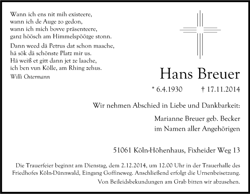  Traueranzeige für Hans Breuer vom 26.11.2014 aus Kölner Stadt-Anzeiger / Kölnische Rundschau / Express