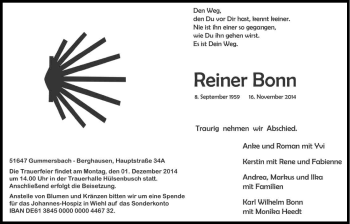 Anzeige von Reiner Bonn von Kölner Stadt-Anzeiger / Kölnische Rundschau / Express