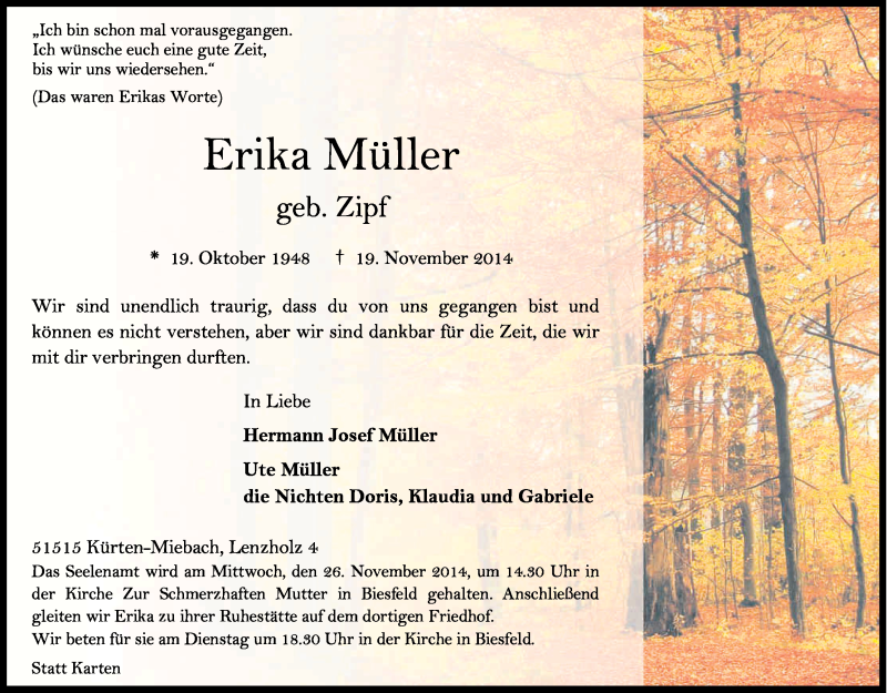  Traueranzeige für Erika Müller vom 22.11.2014 aus Kölner Stadt-Anzeiger / Kölnische Rundschau / Express