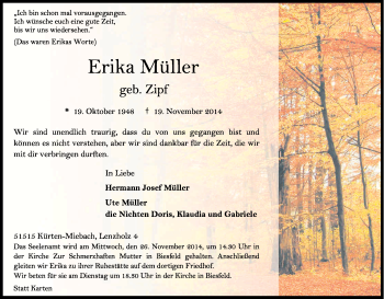 Anzeige von Erika Müller von Kölner Stadt-Anzeiger / Kölnische Rundschau / Express