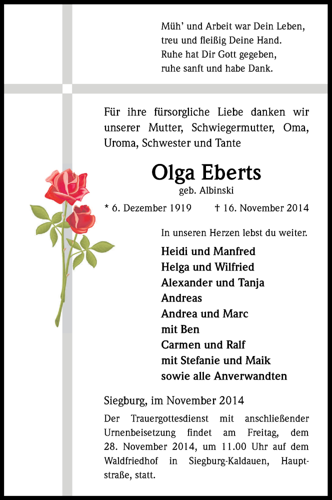  Traueranzeige für Olga Eberts vom 22.11.2014 aus Kölner Stadt-Anzeiger / Kölnische Rundschau / Express