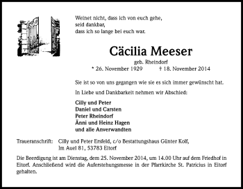 Anzeige von Cäcilia Meeser von Kölner Stadt-Anzeiger / Kölnische Rundschau / Express