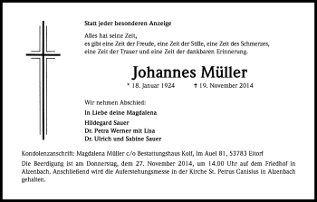 Anzeige von Johannes Müller von Kölner Stadt-Anzeiger / Kölnische Rundschau / Express
