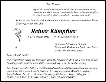 Anzeige von Reiner Kämpfner von Kölner Stadt-Anzeiger / Kölnische Rundschau / Express