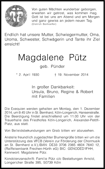 Anzeige von Magdalene Pütz von Kölner Stadt-Anzeiger / Kölnische Rundschau / Express