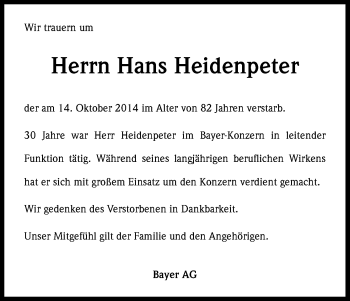 Anzeige von Hans Heidenpeter von Kölner Stadt-Anzeiger / Kölnische Rundschau / Express