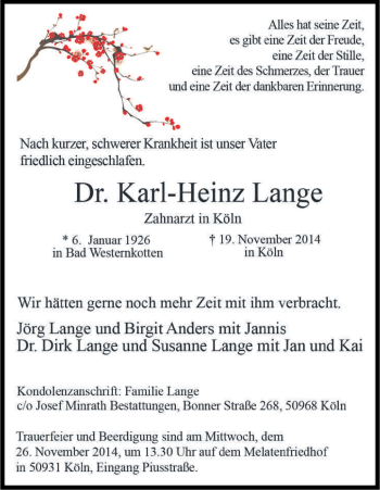Anzeige von Karl-Heinz Lange von Kölner Stadt-Anzeiger / Kölnische Rundschau / Express