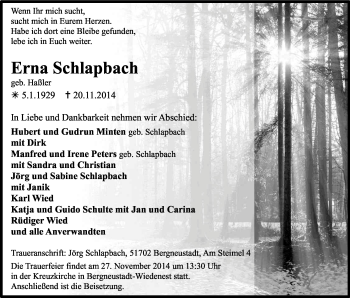 Anzeige von Erna Schlapbach von Kölner Stadt-Anzeiger / Kölnische Rundschau / Express