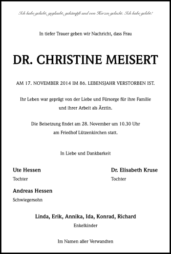 Anzeige von Christine Meisert von Kölner Stadt-Anzeiger / Kölnische Rundschau / Express