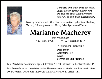 Anzeige von Marianne Macherey von Kölner Stadt-Anzeiger / Kölnische Rundschau / Express