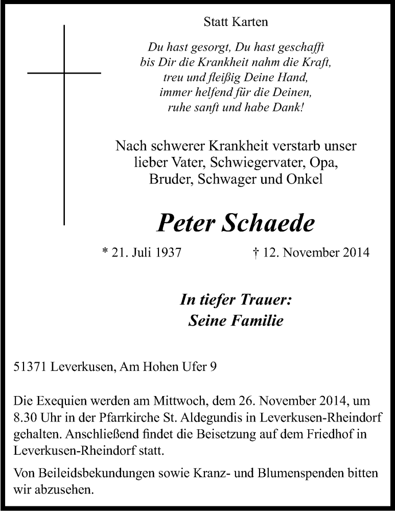 Traueranzeige für Peter Schaede vom 22.11.2014 aus Kölner Stadt-Anzeiger / Kölnische Rundschau / Express