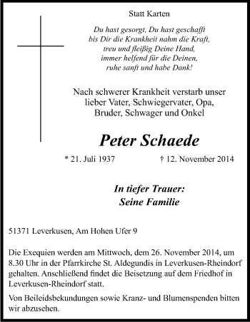Anzeige von Peter Schaede von Kölner Stadt-Anzeiger / Kölnische Rundschau / Express