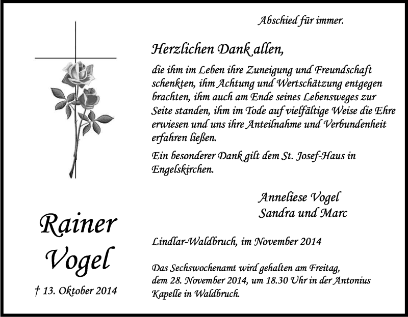  Traueranzeige für Rainer Vogel vom 22.11.2014 aus Kölner Stadt-Anzeiger / Kölnische Rundschau / Express