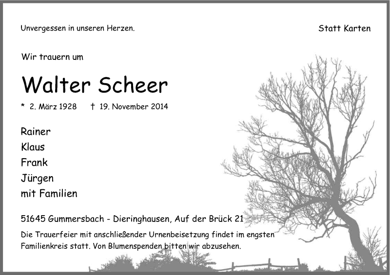  Traueranzeige für Walter Scheer vom 22.11.2014 aus Kölner Stadt-Anzeiger / Kölnische Rundschau / Express