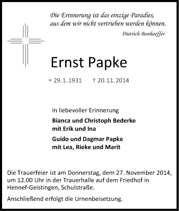 Anzeige von Ernst Papke von Kölner Stadt-Anzeiger / Kölnische Rundschau / Express