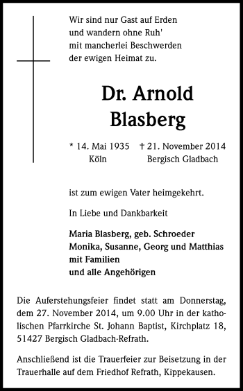 Anzeige von Arnold Blasberg von Kölner Stadt-Anzeiger / Kölnische Rundschau / Express