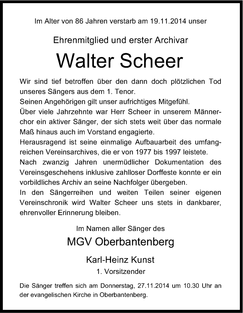  Traueranzeige für Walter Scheer vom 22.11.2014 aus Kölner Stadt-Anzeiger / Kölnische Rundschau / Express