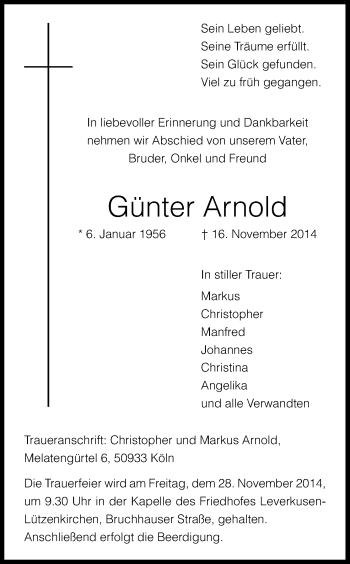 Anzeige von Günter Arnold von Kölner Stadt-Anzeiger / Kölnische Rundschau / Express