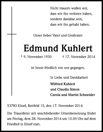 Anzeige von Edmund Kuhlert von Kölner Stadt-Anzeiger / Kölnische Rundschau / Express