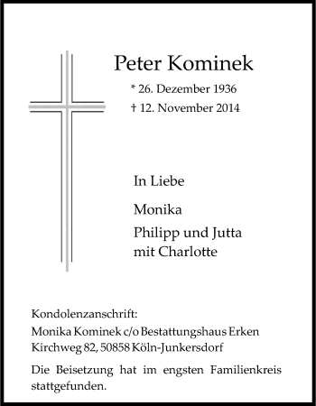 Anzeige von Peter Kominek von Kölner Stadt-Anzeiger / Kölnische Rundschau / Express