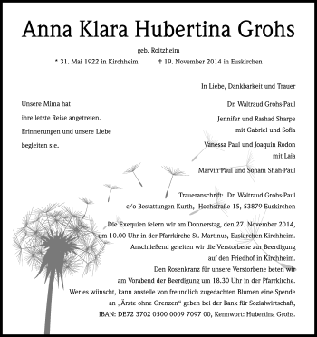 Anzeige von Anna Klara Hubertina Grohs von Kölner Stadt-Anzeiger / Kölnische Rundschau / Express