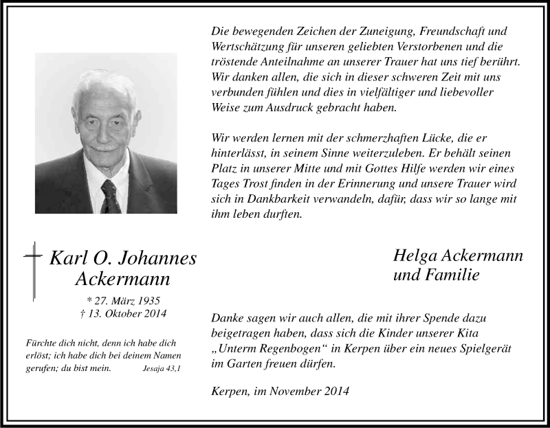  Traueranzeige für Karl Johannes Ackermann vom 29.11.2014 aus Kölner Stadt-Anzeiger / Kölnische Rundschau / Express