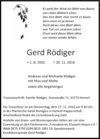 Anzeige von Gerd Rödiger von Kölner Stadt-Anzeiger / Kölnische Rundschau / Express
