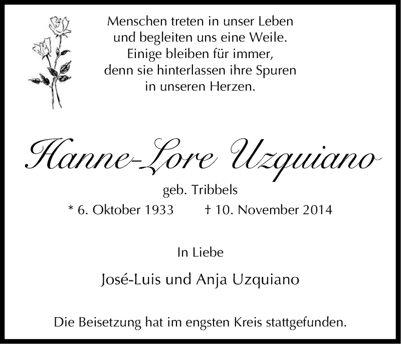  Traueranzeige für Hanne-Lore Uzquiano vom 29.11.2014 aus Kölner Stadt-Anzeiger / Kölnische Rundschau / Express