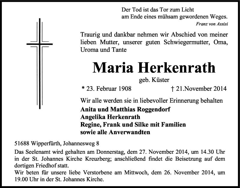  Traueranzeige für Maria Herkenrath vom 24.11.2014 aus Kölner Stadt-Anzeiger / Kölnische Rundschau / Express