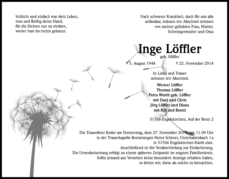  Traueranzeige für Inge Löffler vom 25.11.2014 aus Kölner Stadt-Anzeiger / Kölnische Rundschau / Express