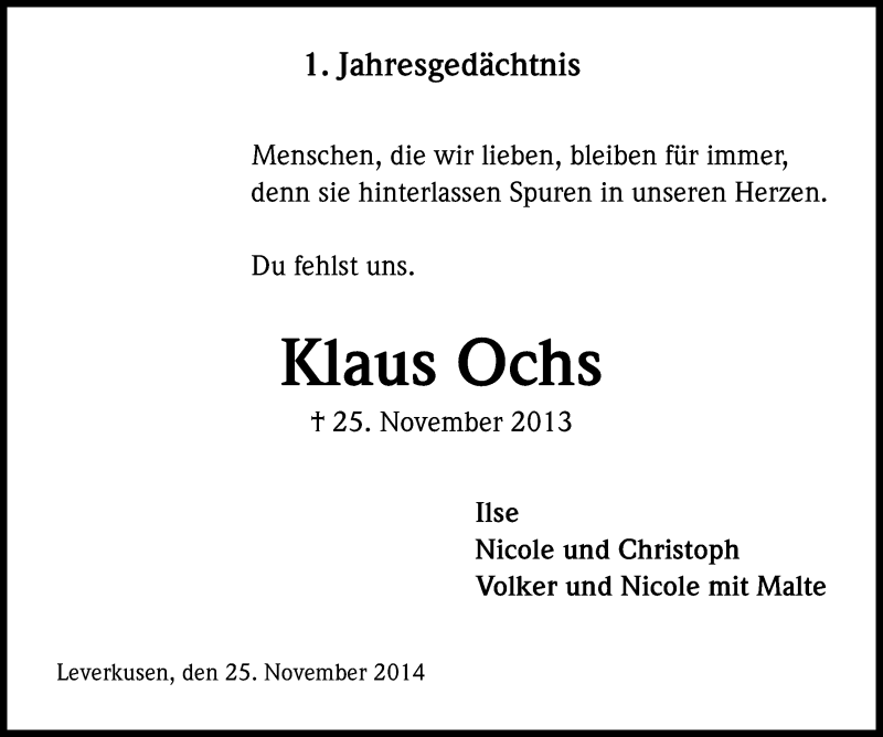  Traueranzeige für Klaus Ochs vom 29.11.2014 aus Kölner Stadt-Anzeiger / Kölnische Rundschau / Express