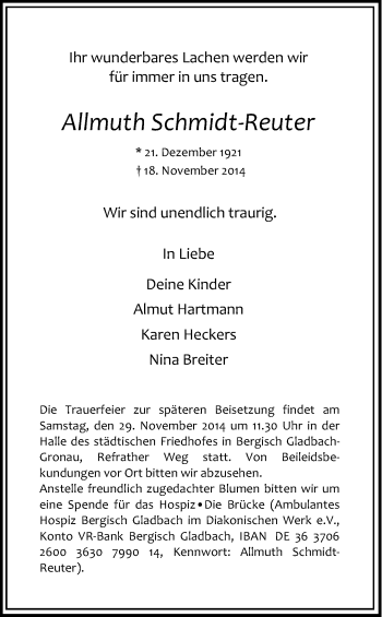 Anzeige von Allmuth Schmidt-Reuter von Kölner Stadt-Anzeiger / Kölnische Rundschau / Express