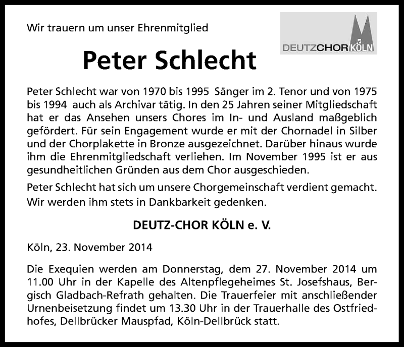  Traueranzeige für Peter Schlecht vom 26.11.2014 aus Kölner Stadt-Anzeiger / Kölnische Rundschau / Express