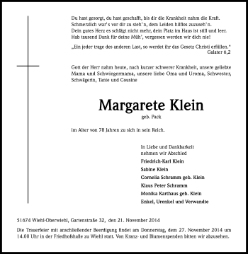 Anzeige von Margarete Klein von Kölner Stadt-Anzeiger / Kölnische Rundschau / Express