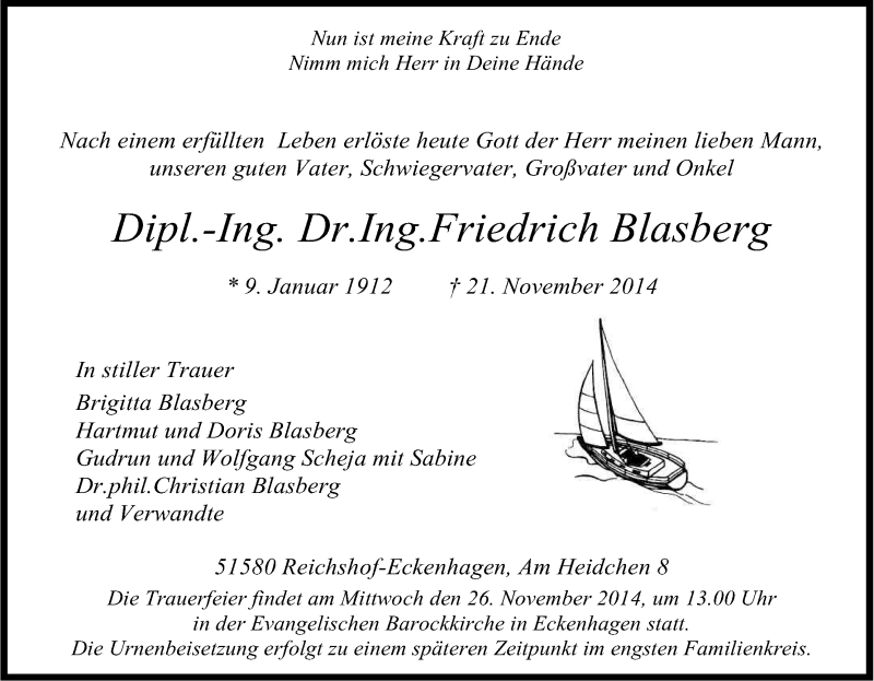  Traueranzeige für Friedrich Blasberg vom 25.11.2014 aus Kölner Stadt-Anzeiger / Kölnische Rundschau / Express