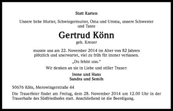 Anzeige von Gertrud Könn von Kölner Stadt-Anzeiger / Kölnische Rundschau / Express