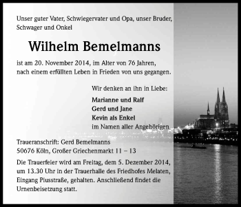 Anzeige von Wilhelm Bemelmanns von Kölner Stadt-Anzeiger / Kölnische Rundschau / Express