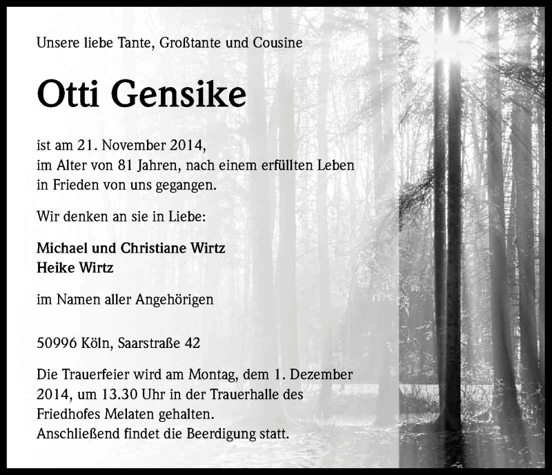  Traueranzeige für Otti Gensike vom 26.11.2014 aus Kölner Stadt-Anzeiger / Kölnische Rundschau / Express