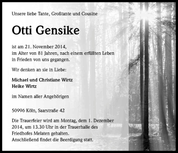 Anzeige von Otti Gensike von Kölner Stadt-Anzeiger / Kölnische Rundschau / Express