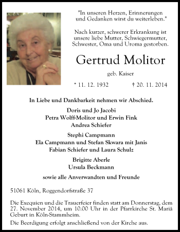 Anzeige von Gertrud Molitor von Kölner Stadt-Anzeiger / Kölnische Rundschau / Express